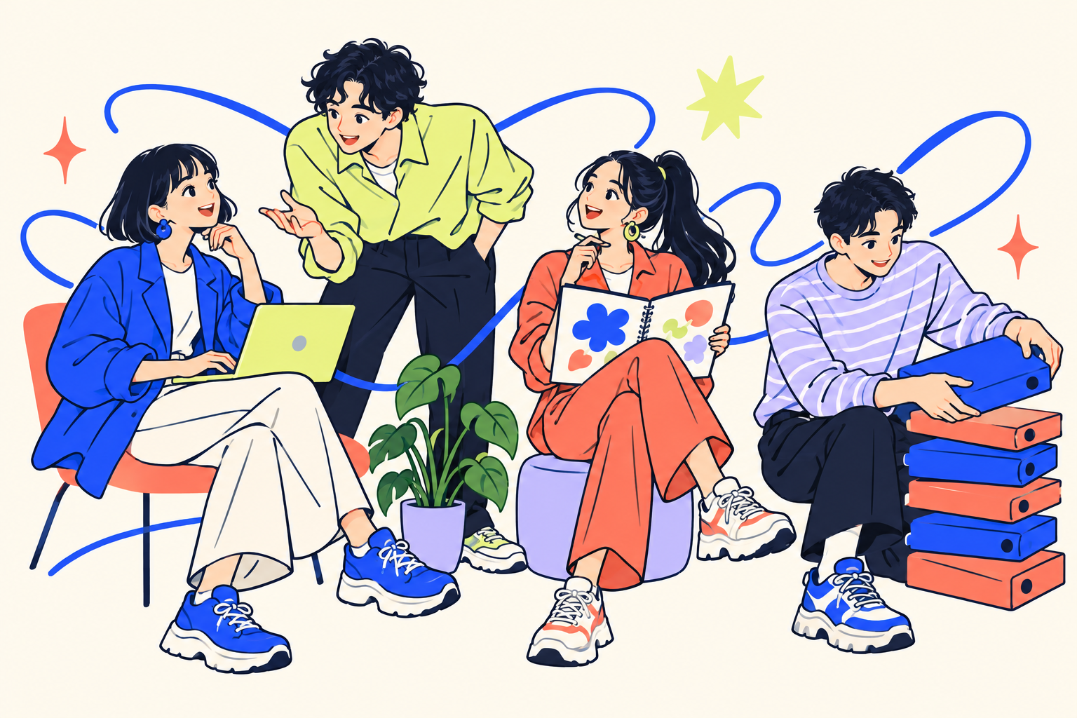 会話、パソコン作業、アイデアづくり、書類整理をそれぞれ楽しむ4人の人物イラスト